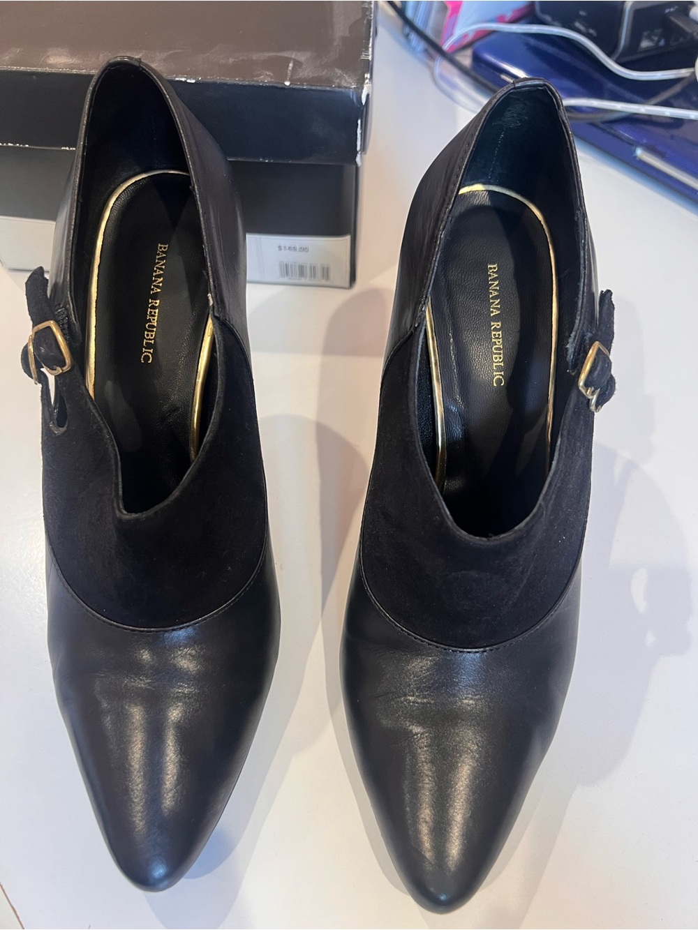 Banana Republic Black Leather and Suede Pointed Toe Heeled Booties